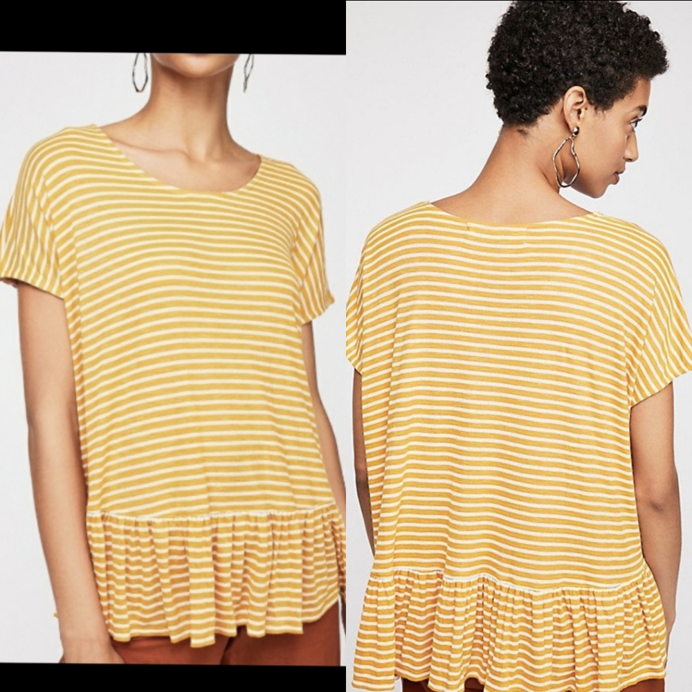 Free People Beach Gidget Yellow Striped Peplum Tee XS